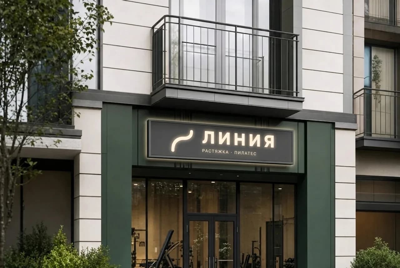 Вывеска студии ЛИНИЯ на фасаде здания